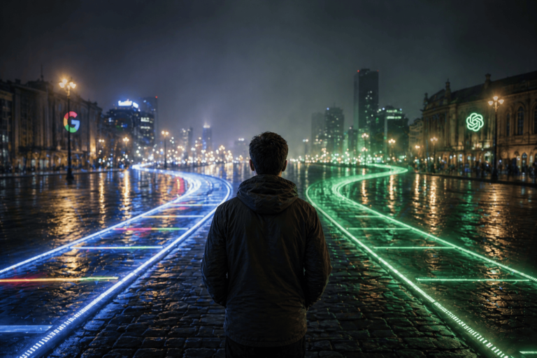 man staat voor 2 paden in de nacht, google of chatgpt