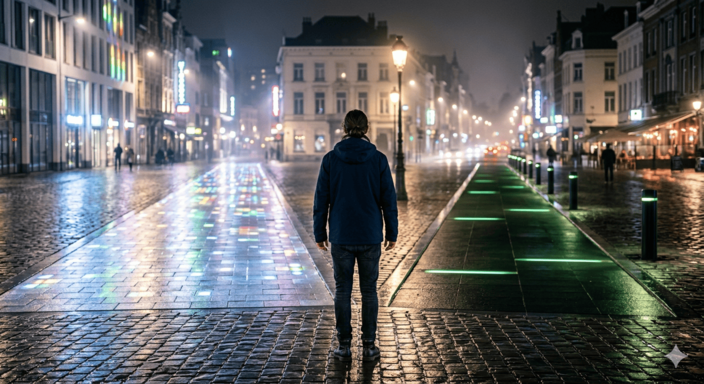 man staat voor twee paden in de nacht