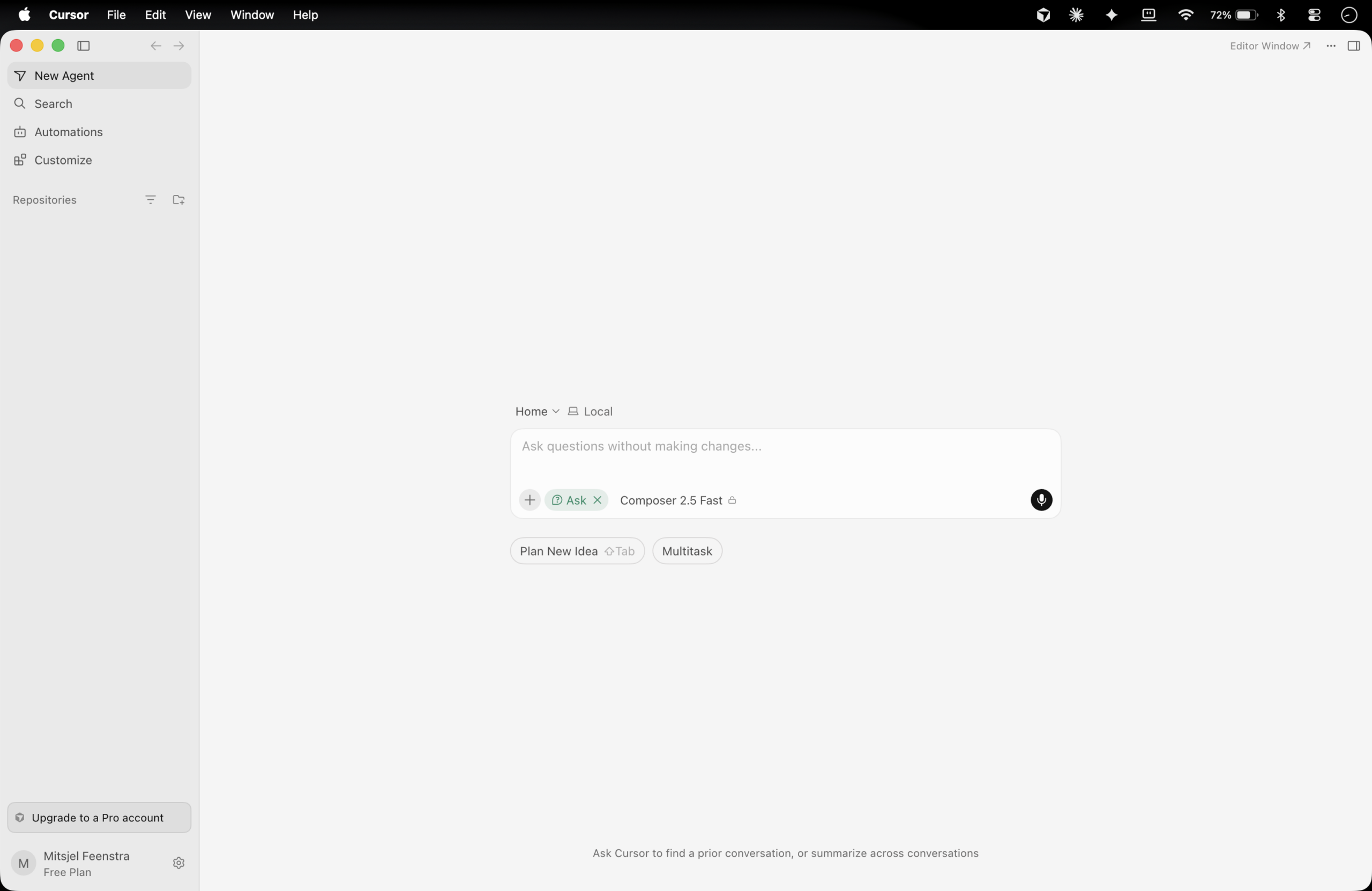 Screenshot van het beginscherm van Cursor