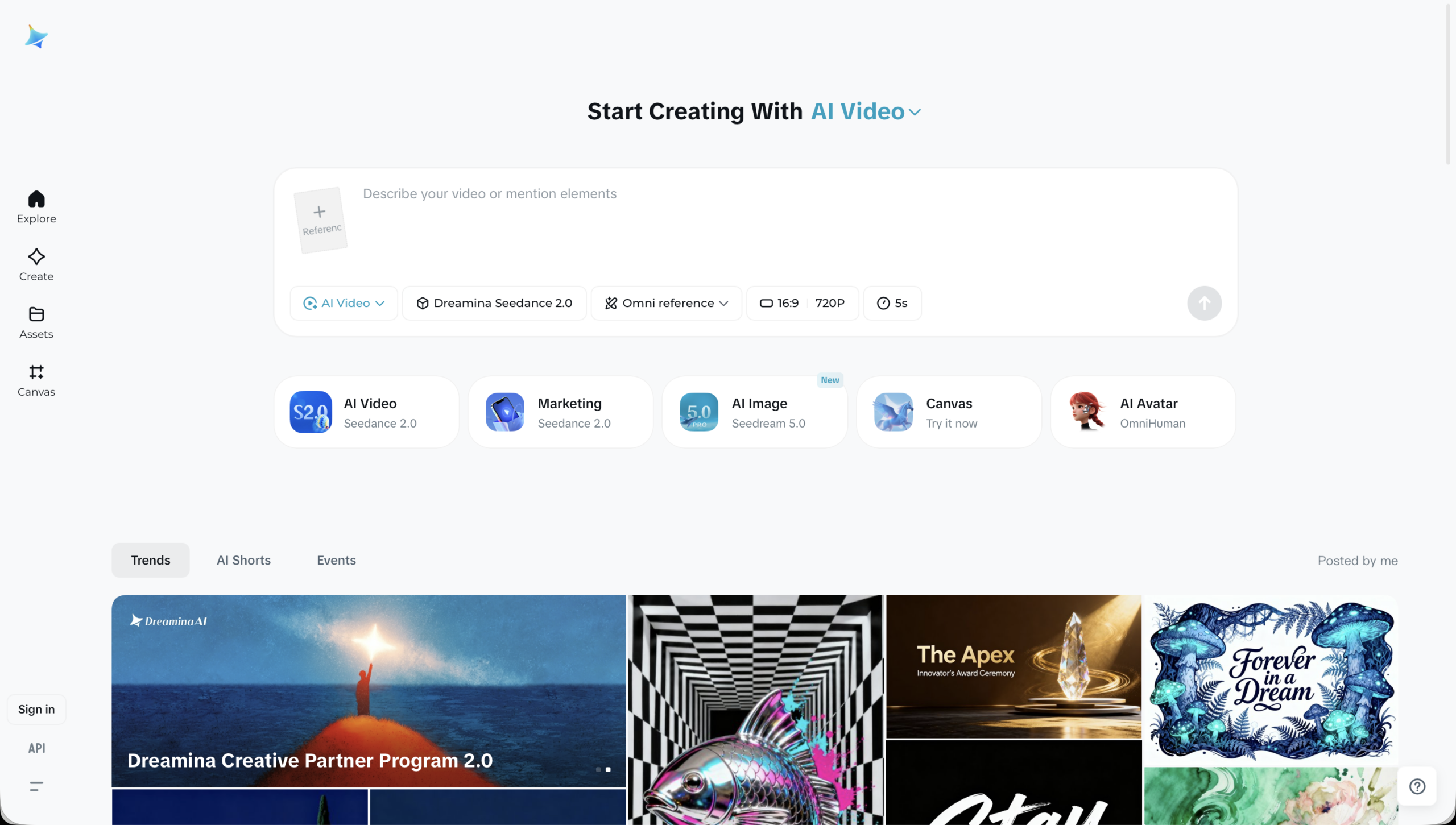Screenshot van het beginscherm van Seedance